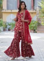 Viscose Georgette Maroon Ceremonial Wear Jacquard Work Readymade Sharara Suit